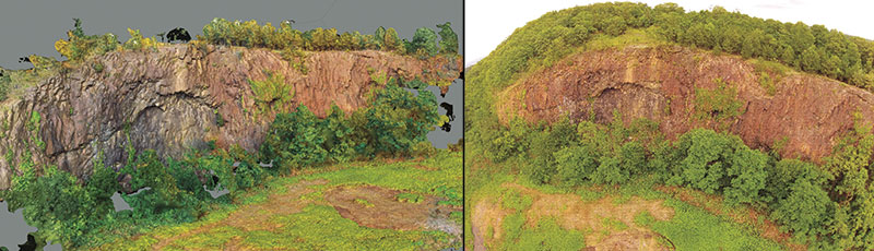 Above: Aerial image of Mike Dorsey’s slope stability study location, captured with a drone. Below: How the image appeared after uploading it to the software. Photos courtesy of Tilcon New York Inc.