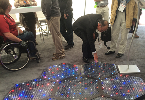 ConExpo-Con/Agg 2017 attendees check out Solar Roadways' hexagon-shaped solar panels for roads and surfaces. Photo by Megan Smalley