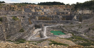 The Southeast Missouri Quarry in Cape Girardeau, Missouri, is 400 ft. deep and features 10 different benches that produce a variety of materials. Photo courtesy of Delta Companies