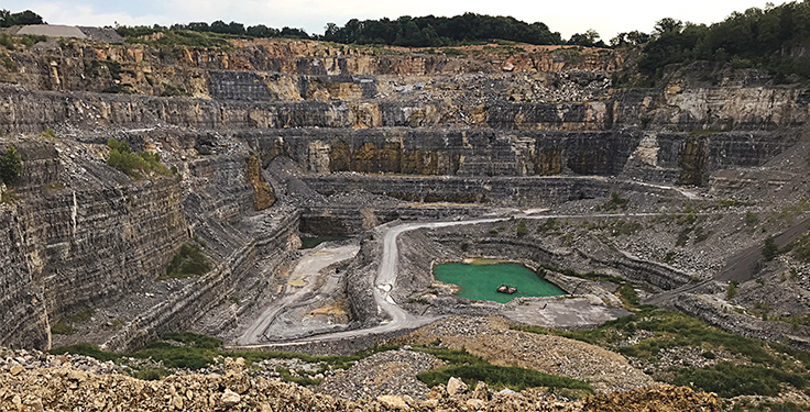 The Southeast Missouri Quarry in Cape Girardeau, Missouri, is 400 ft. deep and features 10 different benches that produce a variety of materials. Photo courtesy of Delta Companies