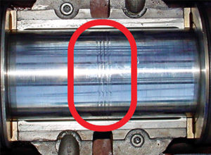 Shaft damage due to contaminants in the oil rings. Photo courtesy of ABB Motors & Mechanical Inc.