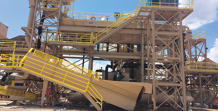 An electric motor with a V-belt drive into a shaft-mounted reducer typically turns the screw shaft of a fine material screw washer. V-belts should be periodically inspected for wear. Photo courtesy of McLanahan Corp.