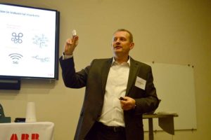 Artur Rdaznek, global product manager at ABB, discusses the Smart Sensor at the company's office in Bolingbrook, Illinois. Photo by Allison Barwacz