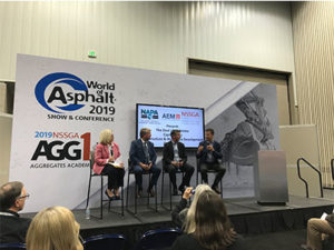 Photo:From left, Vicki Kitchin, the executive director of the Build Indiana Council; John Harper, the 2019 National Asphalt Pavement Association chairman; John Grote the director of Association of Equipment Manufacturers’ 2019 construction equipment sector board; and Randy Lake, the 2019 National Stone, Sand & Gravel Association chair discuss infrastructure legislation and workforce challenges at the 2019 AGG1 Academy and Expo in Indianapolis. Photo by Joe McCarthy