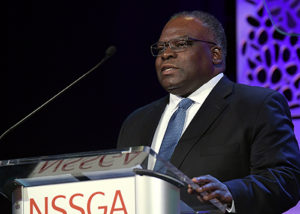 Calvin Lee of the Indiana Mineral Aggregate Association welcomes NSSGA members to Indianapolis. Photo courtesy of NSSGA
