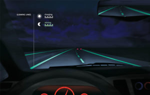 Glowing road markings may light the way into the future, as fluorescent strips that absorb sunlight by day can emit light at night. Photo courtesy of Volvo CE