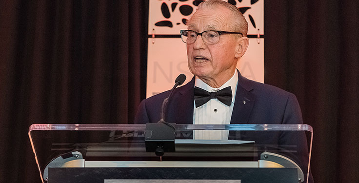 Manfred Freissle touched on his signature development, synthetic modular screen media, during his Hall of Fame induction speech. Says Freissle: “We proved it over many years.” Photo by PamElla Lee Photography.