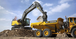 The forthcoming EC300E Hybrid excavator’s boom-down motion charges energy-storing accumulators that are used to power the hydraulic pump. Photo courtesy of Volvo CE