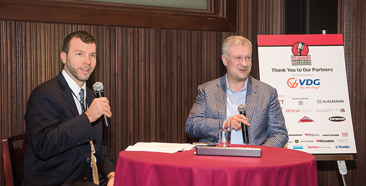 NSSGA President and CEO Michael Johnson, right, with P&Q’s Kevin Yanik during the Pit & Quarry Roundtable & Conference. Photo courtesy of PamElla Lee Photography.