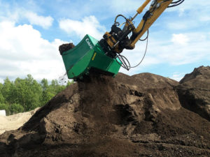 The Cobra screening buckets can be integrated with mini to full-sized excavators, wheel loaders, backhoes and telehandlers, the company says. Photo courtesy of Ransome Attachments