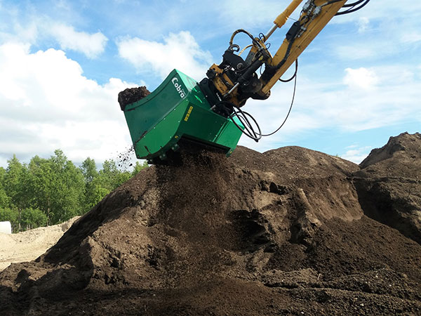 The Cobra screening buckets can be integrated with mini to full-sized excavators, wheel loaders, backhoes and telehandlers, the company says. Photo courtesy of Ransome Attachments