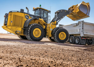 The John Deere L-Series wheel loaders are supported by the John Deere Connected Support offering. Photo courtesy of John Deere