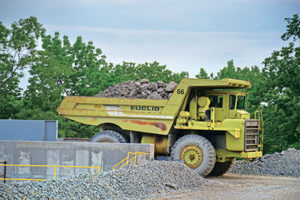 The operation currently utilizes four Euclid R35 rigid-frame haulers in its load-and-haul application, but 60-ton trucks could be in Quality Stone & Ready Mix’s future. Photo by Kevin Yanik.