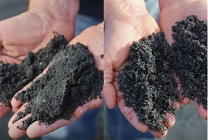 Stalite’s unwashed material is seen on the left while material washed in the Hydro-Clean 1000 is visible on the right. With 2,000 psi high-pressure nozzles, the Hydro-Clean 1000 removed fine contents as small as 63 microns as the material passed through the drum. Remaining fine contents were removed as the material continued down a 16-ft. vibrating rinse screen. Photo courtesy of Haver & Boecker Niagara
