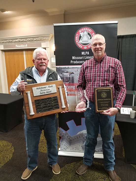 Journagan Construction received MLPA's Hillenkamp-Rush Meritorious Safety Award, which is given to only one company in Missouri each year and is based on the company’s safety record. John View, vice president at Journagan is pictured at left with the award alongside Ash Grove Aggregates' Keith Stevens, who serves as MLPA board president. Photo courtesy of MLPA