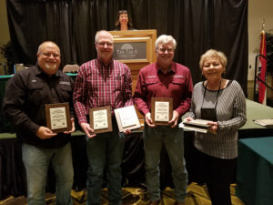 Several Magruder Limestone quarries received safety awards at MLPA’s Annual Convention, including Foley Quarry, Troy Quarry, Shelbina Quarry and Ozark Quarry and Portable Plants 1 and 2. Pictured from left are Robert Seelke, field supervisor at the Mine Safety & Health Administration (MSHA), MLPA board president Keith Stevens of Ash Grove Aggregates, MSHA field supervisor Lawrence Sherrill, and Magruder Limestone's Melany Mathis. Photo courtesy of MLPA