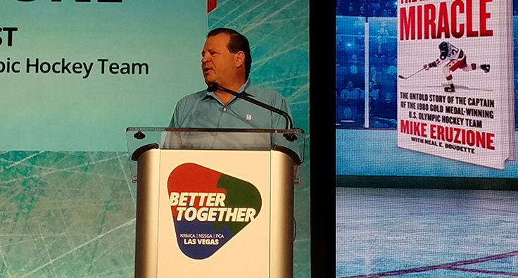 Mike Eruzione addresses the 2020 NSSGA Annual Convention. Photo: P&Q Staff