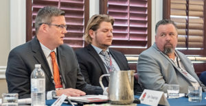 Belt Tech’s Tyler Trowbridge, far left, says dealers not only need to spend time with the local operation’s leaders, but with those at corporate who make decisions. Seated next to Trowbridge, from left, are Davis Industrial’s Alex Garcia and Wingra Stone’s Travis Wise. Photo: PamElla Lee Photography