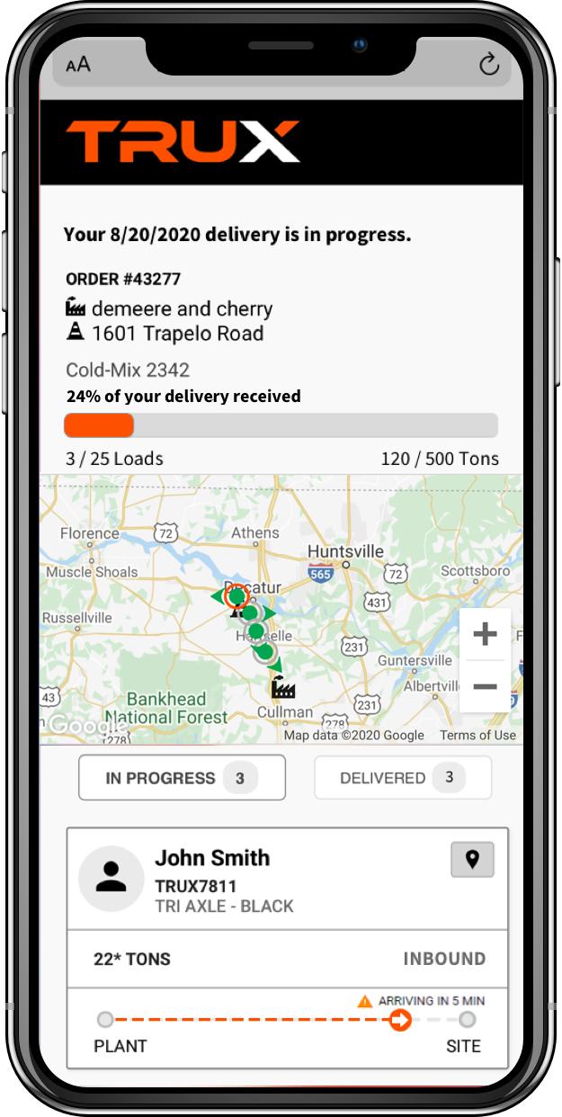 Customers can keep an eye on their deliveries through TRUX’s Order Delivery Tracker, which offers ETAs on individual loads. Photo: TRUX