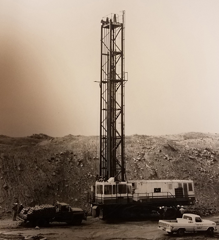 Marion Power Shovel Co.’s 15-in. M-5 blasthole drill (pictured) and its companion model, M-4, were designed for fast drilling, quick hoist and short moving and setup time.