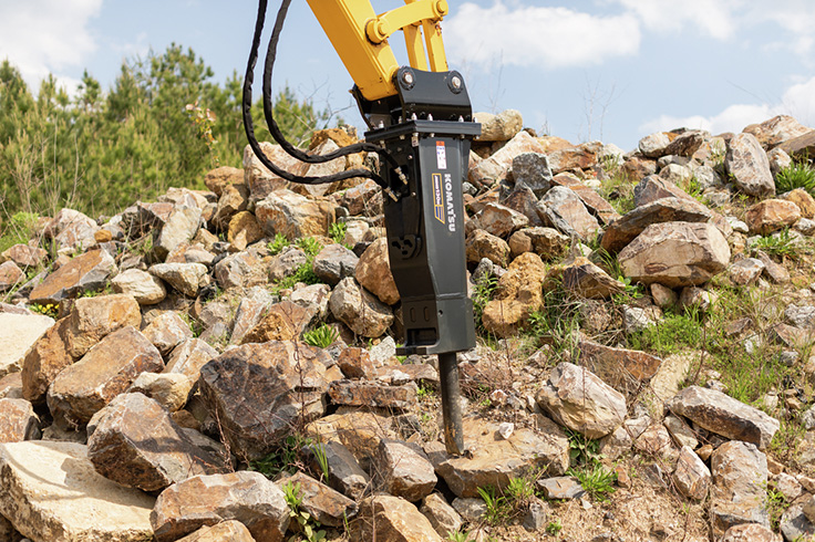 Komatsu's JMHB-H attachments are accumulator-type hydraulic breakers for a variety of rock and concrete demolition applications. Photo: Komatsu