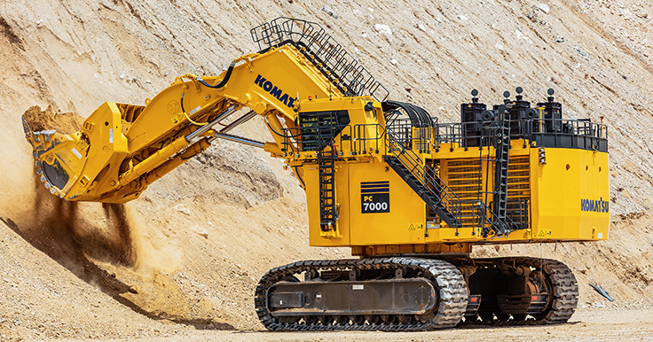 The Komatsu PC7000 excavator here tests loading capabilities at the company's proving grounds in Arizona. Photo: Komatsu