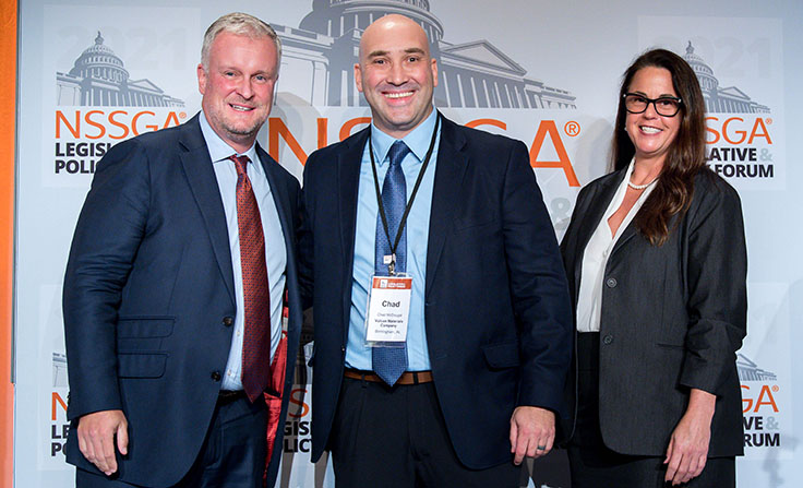 Chad McDougal of Vulcan Materials, center, was recognized at the National Stone, Sand & Gravel Association's (NSSGA) 2021 Legislative & Policy Forum in Washington. Pictured with McDougal is NSSGA's Michael Johnson and Bond Construction Corp.'s Karen Hubacz-Kiley. Photo: NSSGA
