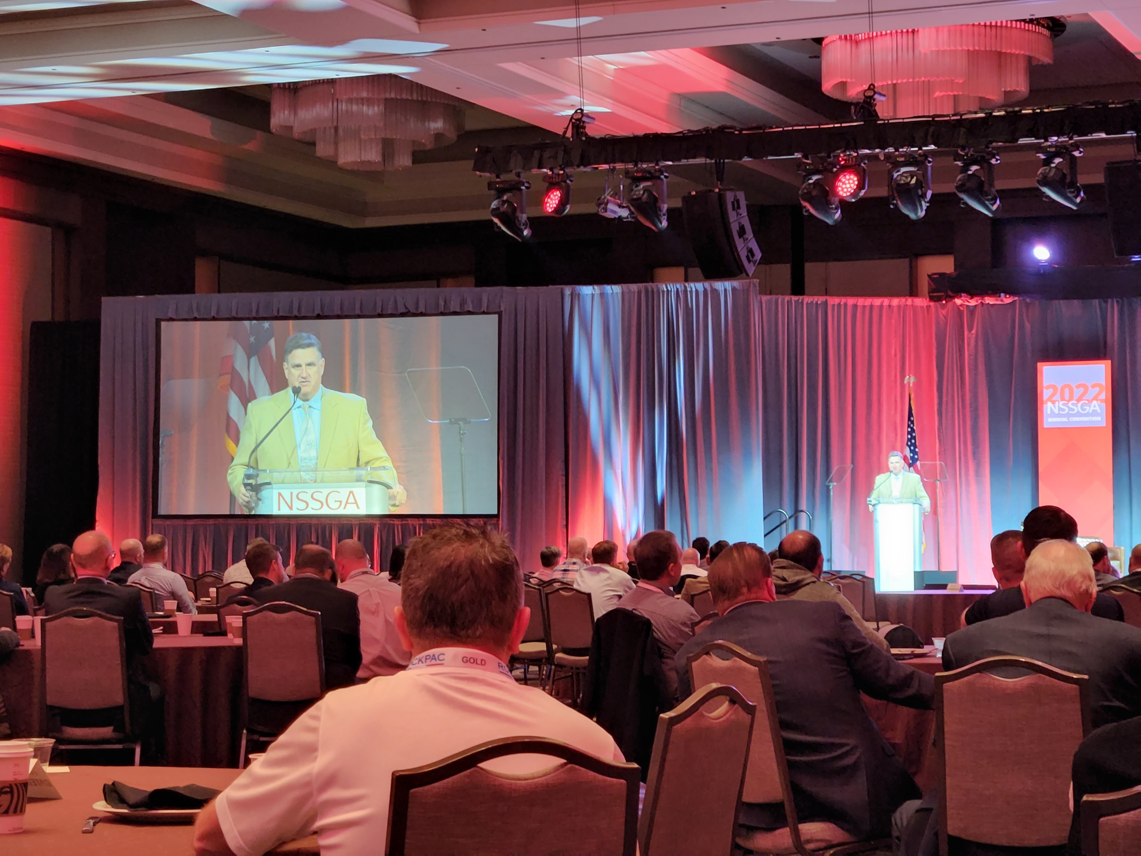 Ric Suzio of York Hill Trap Rock Quarry Co. accepted the 2022 Barry K. Wendt Commitment Award during the second general session Tuesday of the NSSGA Annual Convention. Photo: P&Q Staff