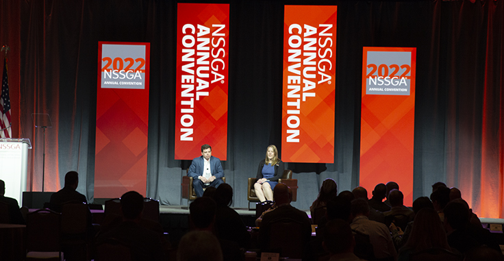 Austin Bone, left, and Michele Stanley of the National Stone, Sand & Gravel Association (NSSGA) provided regulatory and government affairs updates Monday during the NSSGA Annual Convention. Photo: P&Q Staff