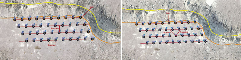The two blast patterns seen here illustrate the differences in burden and spacing based on sequencing of the blast. Photo: Anthony Konya