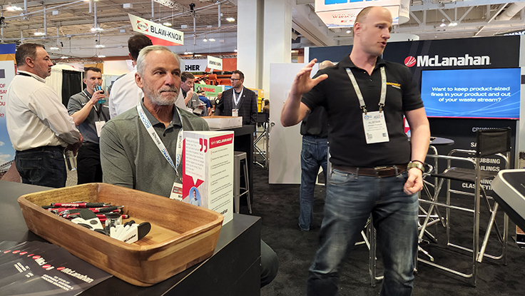 Mark Krause of McLanahan Corp., left, joined Alistair Forsyth of Anaconda Equipment on the AGG1 show floor Tuesday to discuss the latest with their companies. Photo: P&Q Staff