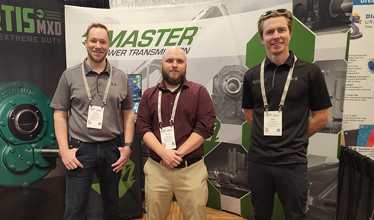 From left: Master Power Transmission's Chris Knott, Tyler Bray and Ian Rose pose in their AGG1 booth. Photo: P&Q Staff