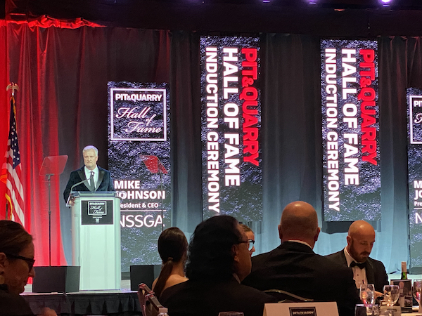 Michael Johnson, president of the National Stone, Sand & Gravel Association, addresses the crowd at the Pit & Quarry Hall of Fame Induction Ceremony. Photo: P&Q Staff