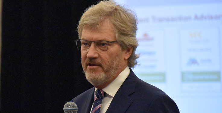 FMI Capital Advisors’ George Reddin delivered a construction materials market outlook June 8 at the Pit & Quarry Roundtable & Conference. The magazine hosted its annual event at Chateau Elan in Braselton, Georgia. Photo: P&Q Staff