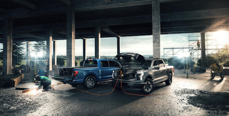 According to Ford, the company’s F-150 Lightning trucks offer a range of 230 to 320 miles between charges, depending on the type of battery in the truck. Photo: United Rentals