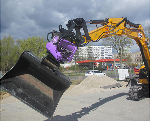 Mazio designs its distinctive purple attachments to work with all makes and sizes of carrier machines. Photo: Mazio