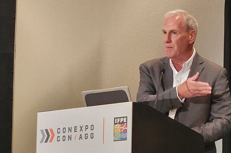 Al Quinn provided Hitachi Construction Machinery Americas updates during ConExpo-Con/Agg’s Media Monday. Photo: P&Q Staff