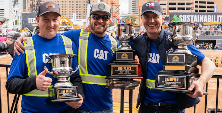 The top-three individual finalists of Cat's Global Operator Challenge were (from left): Łukasz Mokrzyński from Poland in third place, John Schiedeck from the U.S. in second place and Patrick Doheny from Australia in first place. Photo: Caterpillar.