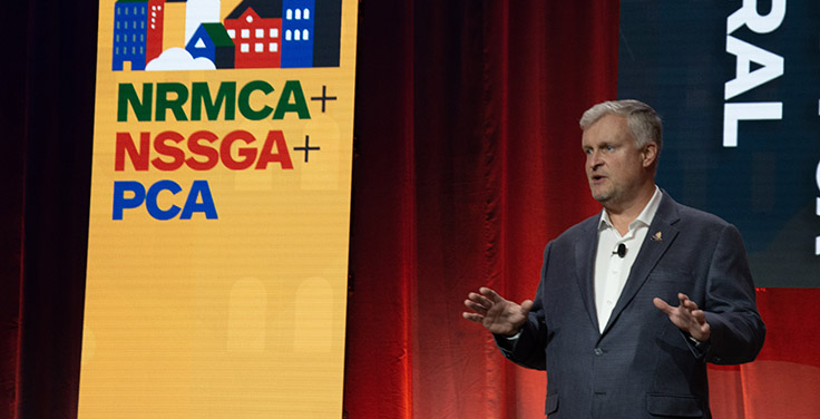 Michael Johnson, president and CEO of the National Stone, Sand & Gravel Association (NSSGA), addresses his members in Las Vegas. Photo: P&Q Staff