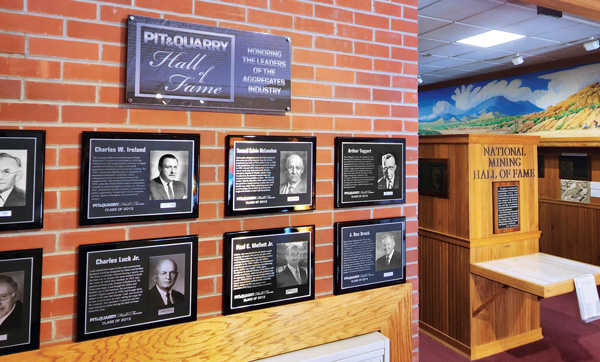 Replica plaques of the 36 individuals enshrined in the Pit & Quarry Hall of Fame are on display alongside plaques commemorating those inducted over the years to the National Mining Hall of Fame. Photo: P&Q Staff
