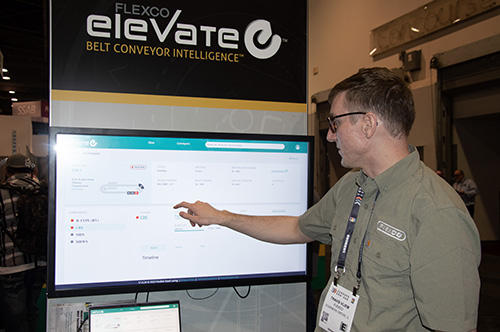 Flexco’s Travis Vliem offered a look at the Flexco Elevate dashboard at ConExpo-Con/Agg 2023. Photo: P&Q Staff