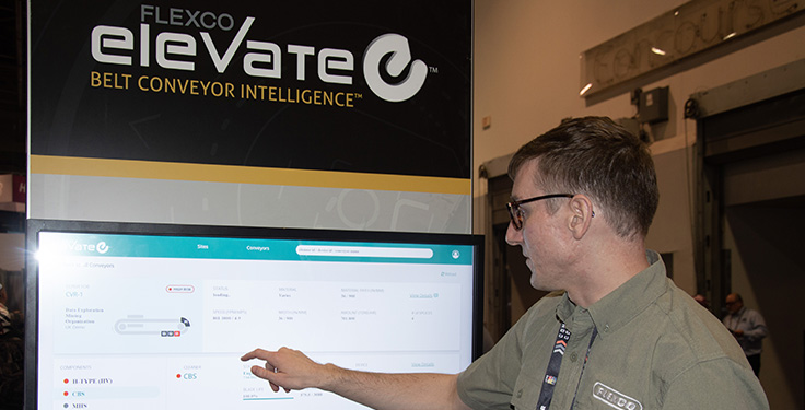 Flexco’s Travis Vliem offered a look at the Flexco Elevate dashboard at ConExpo-Con/Agg 2023. Photo: P&Q Staff