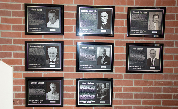 Among the Pit & Quarry Hall of Famers represented at the National Mining Hall of Fame & Museum are (top row from left) Gene Fisher, Washington Samuel Tyler, Ted Baker, (middle row from left) Manfred Freissle, EJ Burke, Dave Thomey, (bottom row from left) George Sidney and Nathan P. Stedman. Photo: P&Q Staff