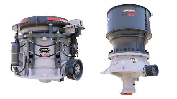 The Dakota bearing-style cone crusher, left, and the Endeavor spider-style cone are new Superior Industries offerings. Photo: Superior Industries