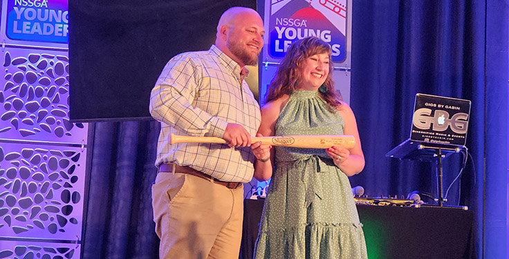 Caldwell Stone Co.’s Clay Albright, left, took over as chair of the National Stone, Sand & Gravel Association’s Young Leaders Steering Committee near the conclusion of the 2023 meeting. Capital Materials’ Ericka Baxter, right, served as chair of the Young Leaders Steering Committee for the 2023 meeting. Photo: P&Q Staff