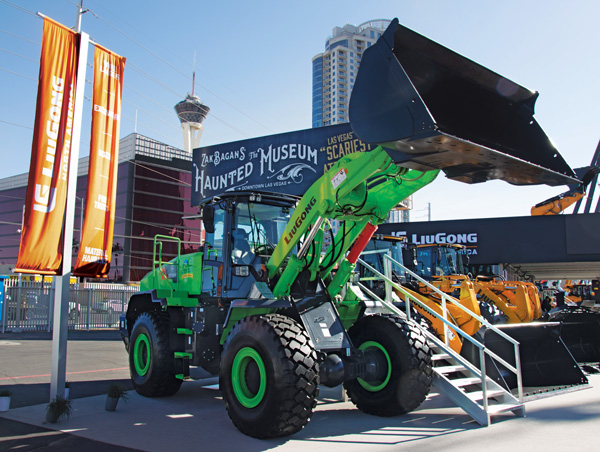 LiuGong’s battery-powered 856H-E MAX wheel loader was on display at ConExpo-Con/Agg. Photo: P&Q Staff
