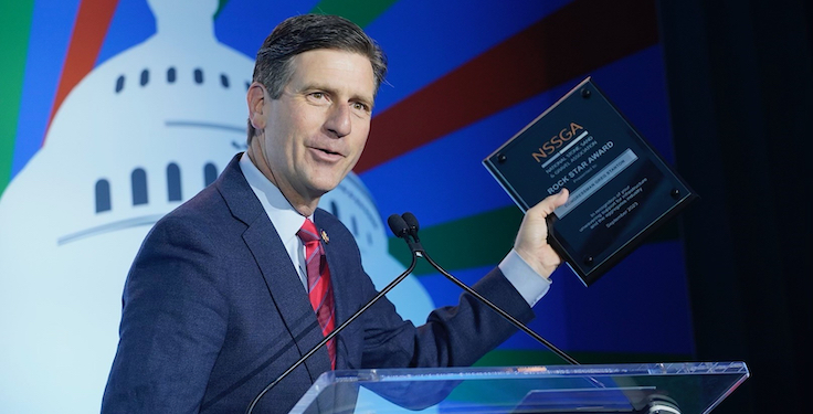 Rep. Greg Stanton, D-Arizona, speaks at the National Stone, Sand & Gravel Association's (NSSGA) Legislative & Policy Forum after receiving the association's Rock Star Award. Photo: NSSGA