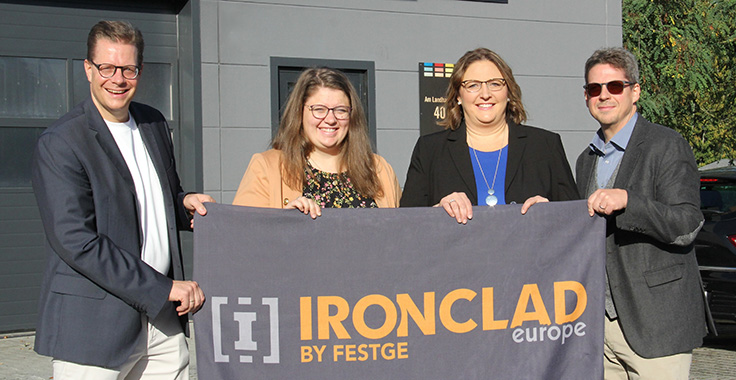 Ironclad Marketing, a business-to-business marketing agency specializing in industrial manufacturing, launched Ironclad Europe by Festge. Celebrating the launch, from left, are Festge’s Florian Festge, Ironclad’s Ashley Stoppleworth and Denise Stoppleworth, and Festge’s Fabian Festge. Photo: Ironclad Marketing