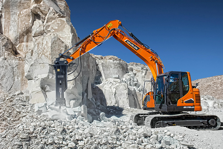 A Develon HB series hydraulic breaker is seen here equipped on a DX140LCR-7 crawler excavator. Photo: Develon