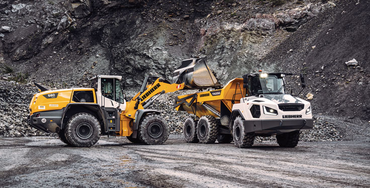Liebherr says the L 580 XPower wheel loader (pictured at left) offers a fuel-efficient drive concept that minimizes cost and environmental impacts. The company developed the TA 230 articulated dump truck (pictured at right) for rugged off-road use. Photo: Liebherr